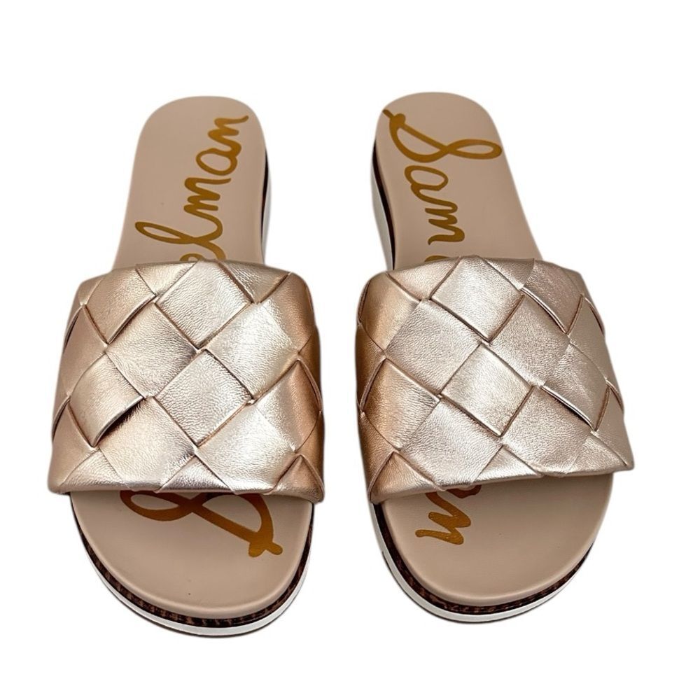 Sam Edelman Women 8 Adaley Gold Woven Platform Slide Sandals Resortwear Beach